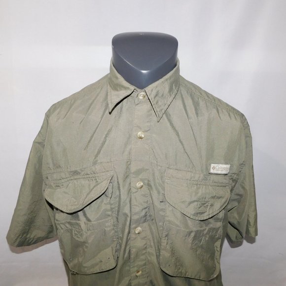 Columbia PFG Mens M Khaki Green Vented Fishing Outdoor Short Sleeve Button Shirt - Picture 7 of 13